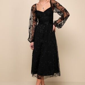 Lulus Darling Charisma Black Mesh Embroidered Midi Dress - Size L